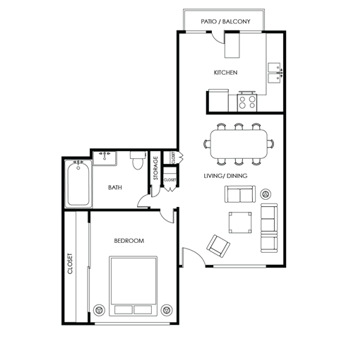 Floor plan for 1 bed, 1 bath, 892 sqft